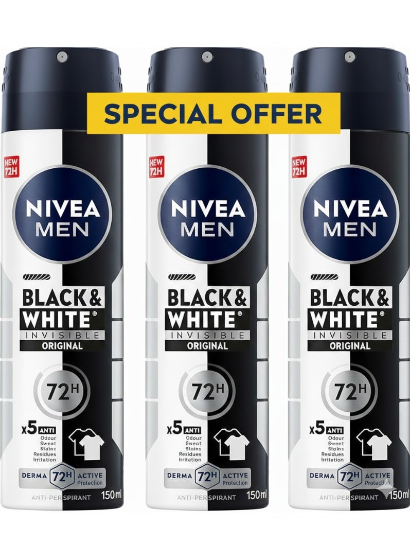 نيفيا بخاخ نيفيا للرجال المضاد للتعرق، حماية غير مرئية باللونين الأبيض والأسود، أصلي، 3x150 مل - Image 1